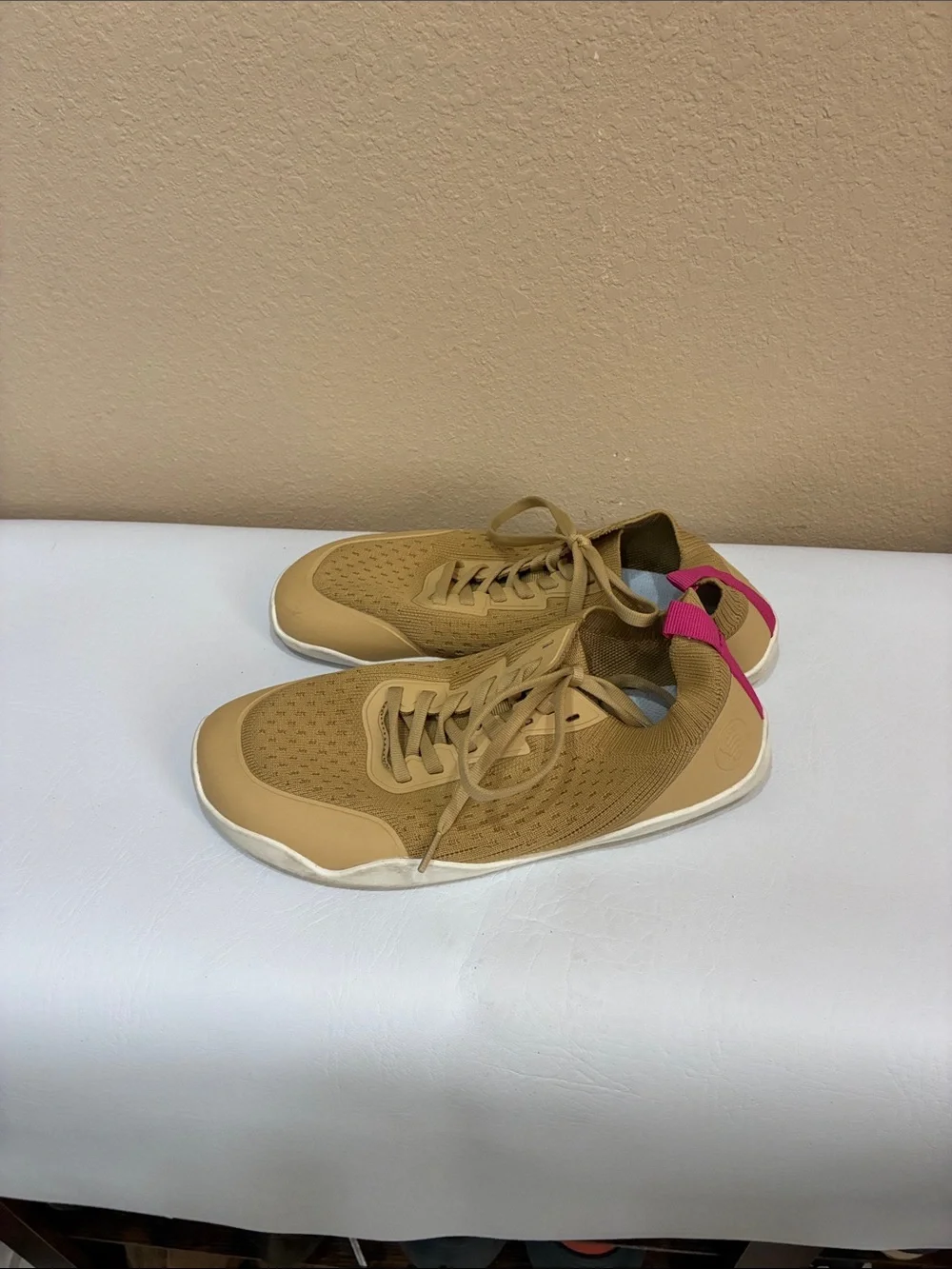 Peak Footwear Lightweight Tan Knit Sneaker with Pink Heel Tab